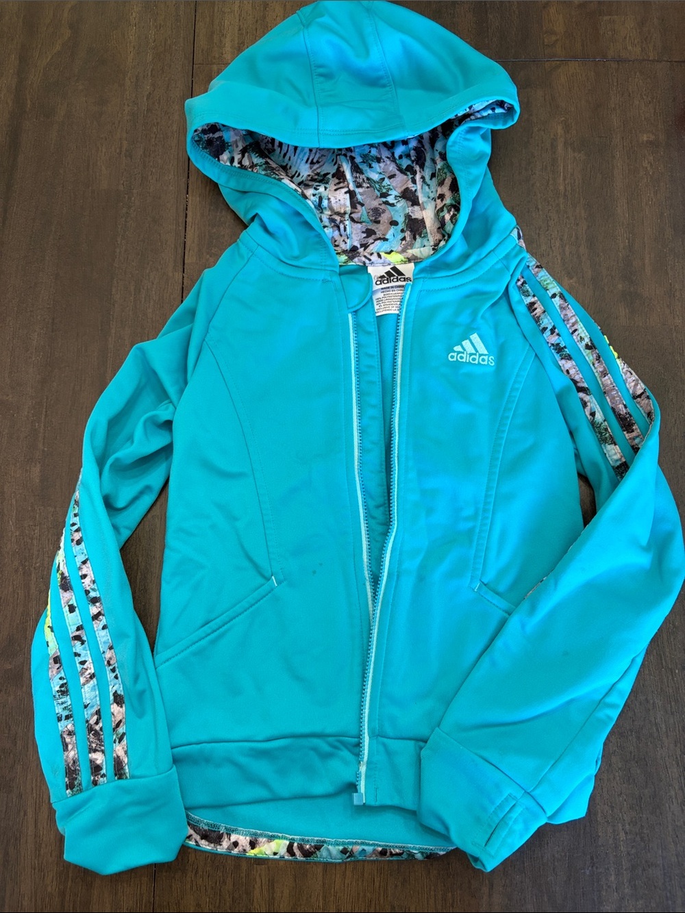 adidas girls Teal Hooded Zip-Up Jacket with Patterned Trim